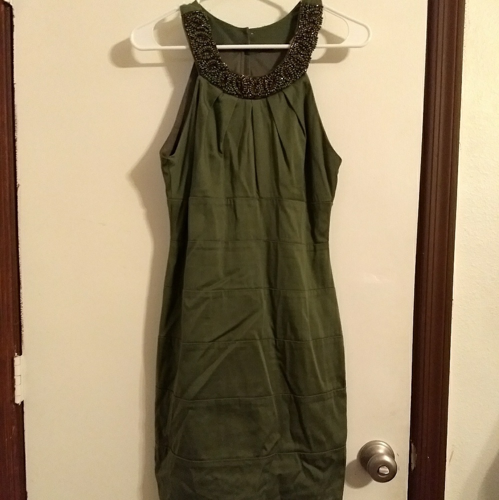 Olive green bandage dress and beaded collar